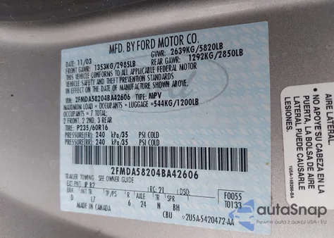 2004 Ford Freestar Limited из США, поврежденный, VIN 2FMDA58204BA42606